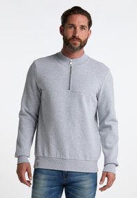 Lys grå pullover sweatshirt med halv-zip krave, ribbede cuffe og flad kant; lavet af blødt tekstureret stof.