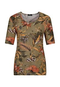 Bloemdruk korte mouw top met een ronde halslijn, in groen, oranje en beige kleuren. Gemaakt van lichte, gestructureerde stof.