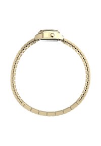 Gold-tone watch with a round case and a smooth bezel. The band features linked metallic segments in a polished finish.