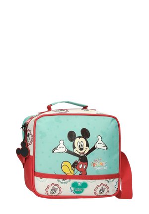 Bolsa de almuerzo con ilustración de Mickey Mouse, texto "Mejores amigos juntos", ribete rojo y una correa de hombro ajustable roja.