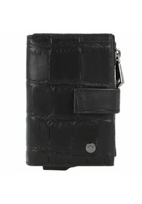 Portafoglio in pelle nera con una texture a motivo alligatore, dotato di una chiusura sicura con cinturino e un accento del logo in argento. Forma rettangolare compatta.