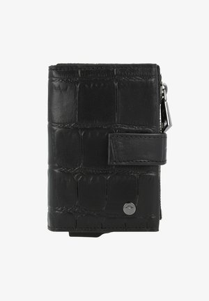 Black leather wallet with a textured alligator pattern, featuring a secure strap closure and a silver logo accent. Compact rectangular shape.