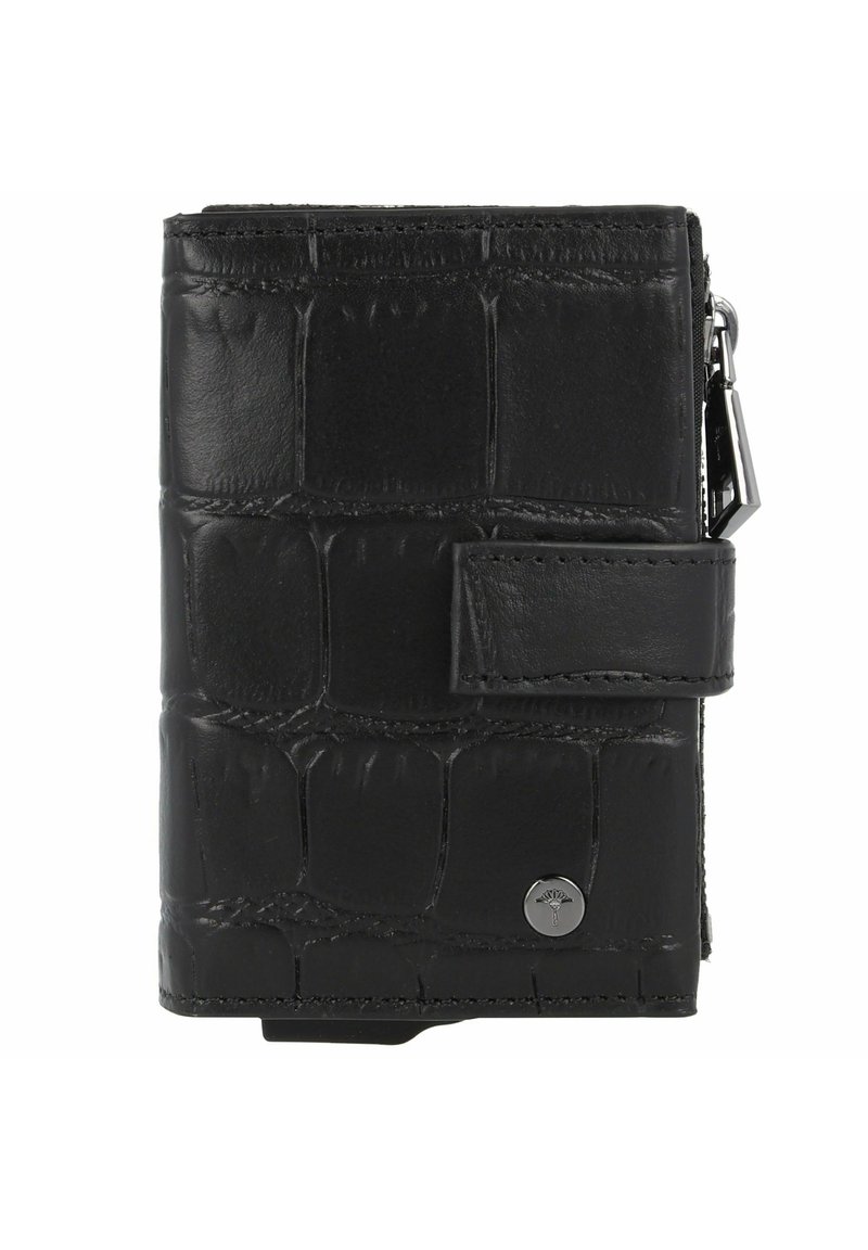 Portafoglio in pelle nera con una texture a motivo alligatore, dotato di una chiusura sicura con cinturino e un accento del logo in argento. Forma rettangolare compatta.