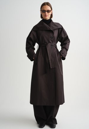 Naine kannab liibuva vööga ülisuurte tumedate trensikoat ja tumedaid laiade jalgadega pükse, seljas on mustad päikeseprillid, ta seisab ühetaolise heleda tausta ees.