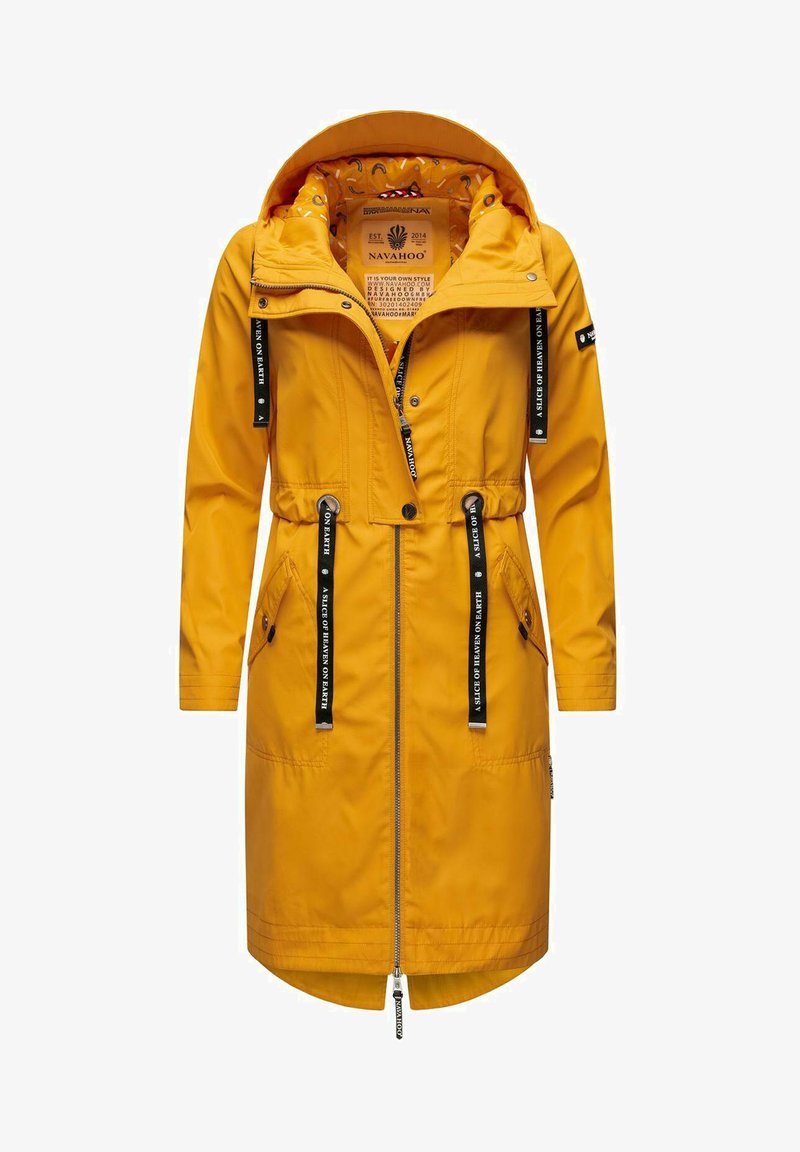 Yellow waterproof coat with a zip front, drawstring waist, two side pockets, and a patterned lining. Features black accents and branding.