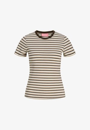 Eng anliegendes T-Shirt mit kurzen Ärmeln, horizontalen braunen und beigen Streifen und einem dunkelbraunen Rundhalsausschnitt.