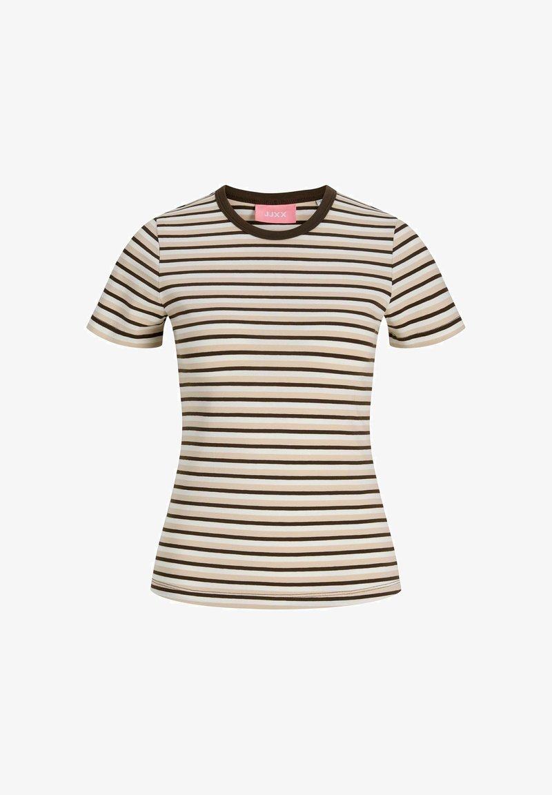 T-shirt ajusté à manches courtes avec des rayures horizontales marron et beige et un col rond marron foncé.