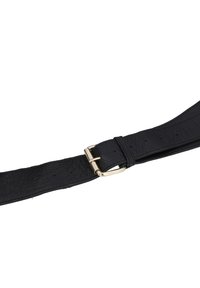 Black leather belt with a textured finish, featuring a gold metal buckle and multiple holes for adjustable sizing.