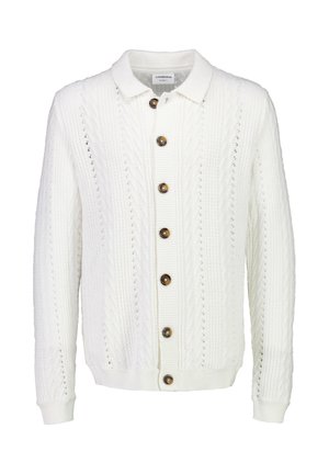 Witte gebreide cardigan met lange mouwen, bruine knopen aan de voorkant en een kraag, met een textuurpatroon.