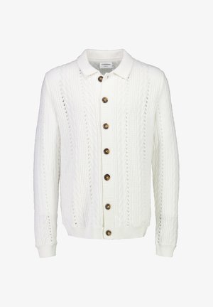 Witte gebreide cardigan met lange mouwen, bruine knopen aan de voorkant en een kraag, met een textuurpatroon.