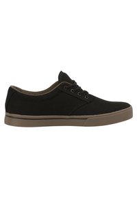 Black canvas sneaker with brown rubber sole, round toe, and brown herringbone pattern on the collar. Lace-up design with six eyelets.