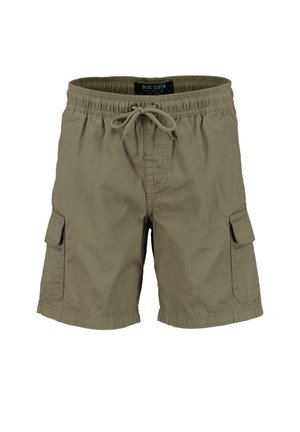 Khaki cargoshorts med elastisk talje, snøre og klaplommer på hver side.