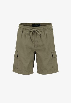 Short cargo kaki avec taille élastique, lien coulissant et poches à rabat de chaque côté.
