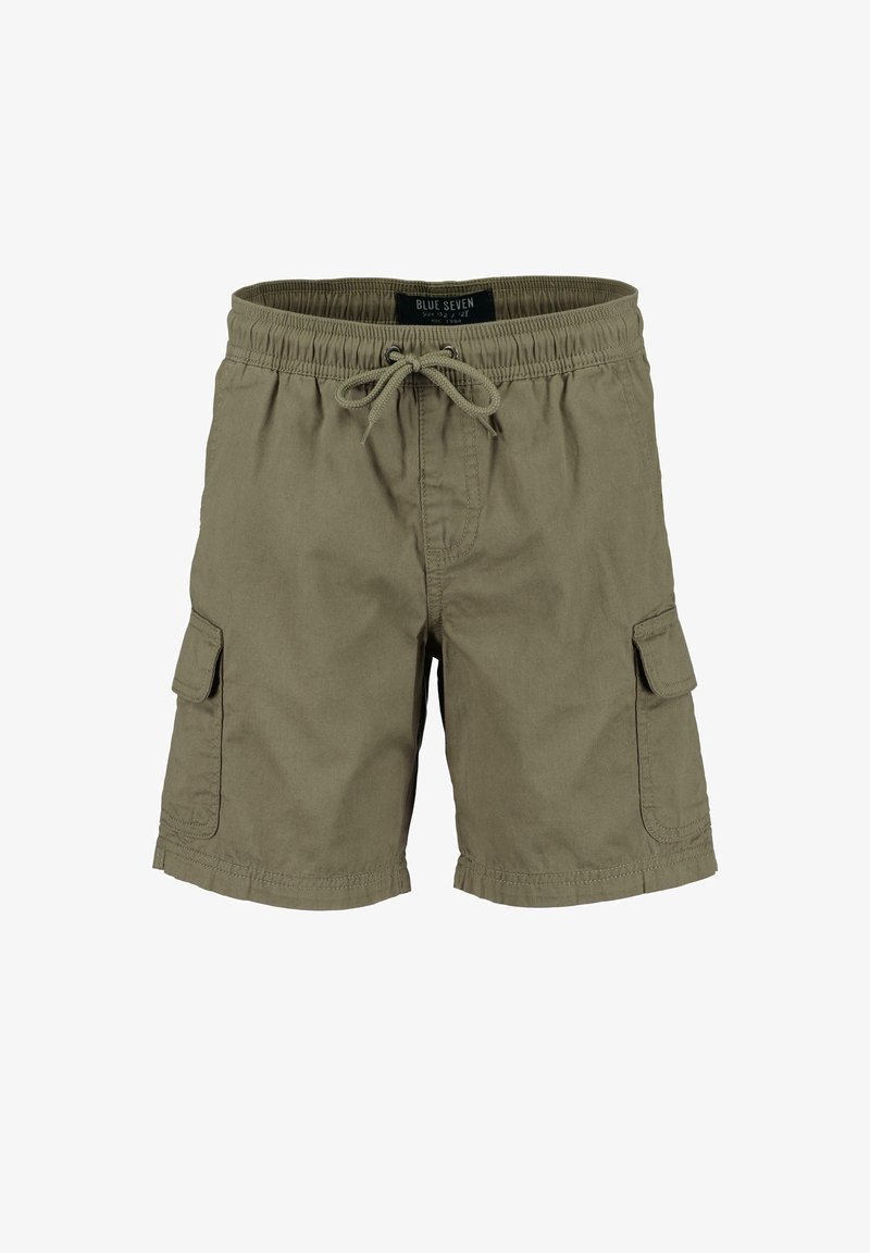 Short cargo kaki avec taille élastique, lien coulissant et poches à rabat de chaque côté.
