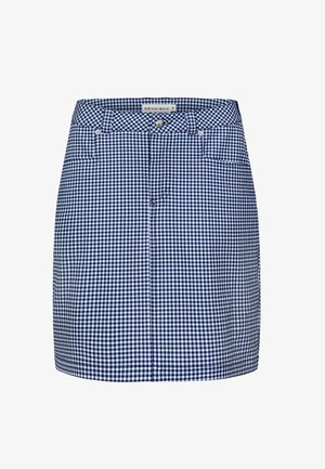 Donkerblauw-wit geruite minirok met een aansluitend model, twee voorzakken en een metalen knoopsluiting in de taille. Materiaal van katoenmix.