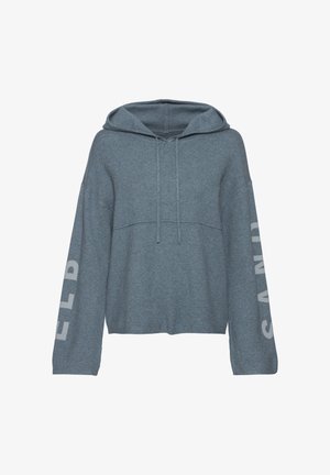Grau Kapuzenpullover mit weit geschnittenem Design, langen Ärmeln und Fronttasche. Mit Kordelzügen und weißen Schriftzügen an den Ärmeln.