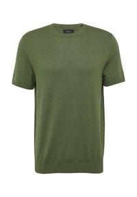 Olijfgroen kortemouwen gebreid sweater met een ronde hals, geribbelde manchetten en een zachte textuur. Eenvoudig design, geen zichtbare patronen of hardware.