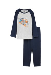 Bavlněný pyžamový set s šedým topem s barevným grafikou Hot Wheels, doplněný o navy modré kalhoty s elastickým pasem. Dlouhé rukávy, volný střih.