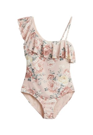 Rosa, florale Einteiler-Badeanzug mit rüschendem linken Träger. Mit großem Rosen- und Blumenmuster auf glattem Stoff.