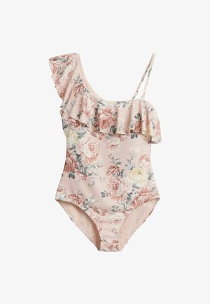 Vaaleanpunainen kukkakuosisella ykköspuvulla, jossa on rypytetty vasen olkaiminen hihna. Materiaalina on sileä kangas, jossa on isoja ruusuja ja kukkia.