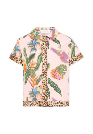 Korte mouwen overhemd met knopen, met tropische print van vogels, bladeren en fruit op een roze achtergrond, afgezet met luipaardprint rand.
