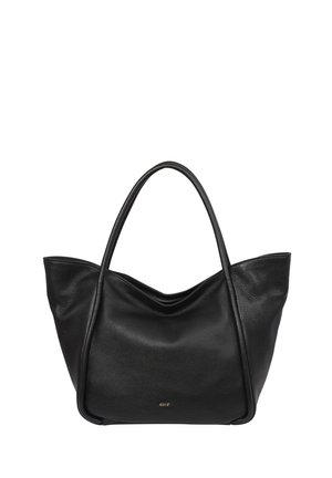 Schwarze Leder-Shopper-Tasche mit geschwungenen Griffen und dezentem goldfarbenem "abro"-Logo in der unteren Mitte, strukturiert mit leicht ausgestellten Seiten.