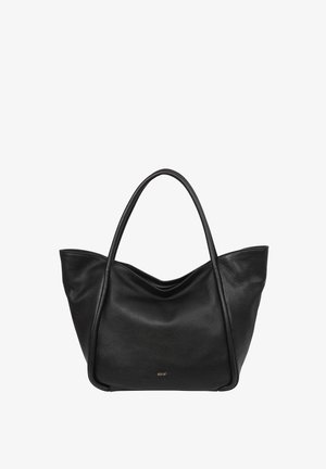 Schwarze Leder-Shopper-Tasche mit geschwungenen Griffen und dezentem goldfarbenem "abro"-Logo in der unteren Mitte, strukturiert mit leicht ausgestellten Seiten.