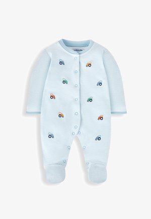 Šviesiai mėlynas dryžuotas kūdikių kombinezonas su veltiniais traktorių motyvais oranžinės, žalios ir mėlynos spalvų. Su spaudėmis ir kojinėmis.