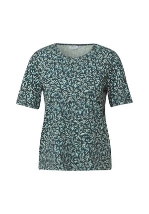 T-shirt à manches courtes, col rond, en vert foncé avec un motif de feuilles en bleu clair et blanc cassé. Tissu doux avec une texture lisse.