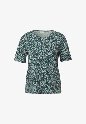 Camisa de manga corta y cuello redondo en verde oscuro con un patrón de hojas en azul claro y blanco roto. Tela suave con una textura lisa.