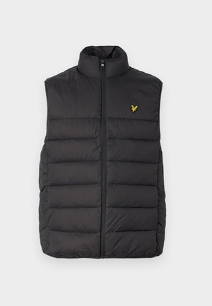 Sort puffer vest med høj krave, lynlås lukning og vandrette quiltede sektioner. Har et lille guld logo på den øverste venstre side.