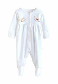 Valge beebikombekas pikade varrukatega, pressnuppude ja väikese täpilise mustriga, rinnal tikitud loomade ja lilledega.