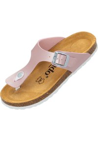 Rosa lädertring sandal med justerbar silverfärgad spänne, korkfotbädd, vit gummisula och mjuk strukturerad insoles. Varumärkeslogotyp tryckt inuti.