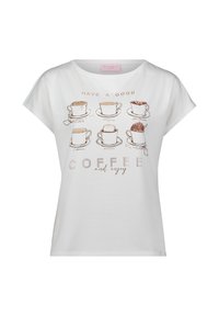 Hvid bomulds t-shirt med trykte kaffekop grafik, metallisk tekst der siger "HAV EN GOD KAFFE," og dekorative detaljer. Korte ærmer.