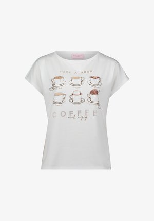 White cotton t-shirt featuring printed coffee cup graphics, metallic text reading "HAVE A GOOD COFFEE," and decorative accents. Short sleeves.
