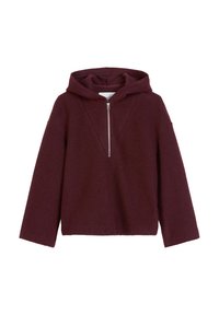 Bordowa bluza z kapturem wykonana z miękkiego materiału, z zamkiem z przodu i detalem w postaci szwu w kształcie litery V, szerokimi rękawami i krótkim krojem.