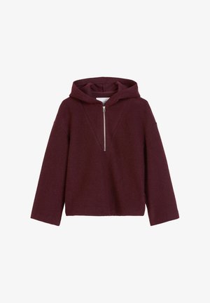 Bordeauxrode sweatvest met capuchon, gemaakt van zachte stof, voorzien van een voorrits en een V-vormig naaddetail, met wijde mouwen en een cropped pasvorm.
