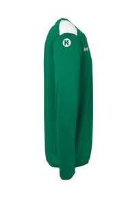 Groen sportshirt met lange mouwen, voorzien van een witte schouderaccent en een logo op de linkerschouder. Gemaakt van gladde, lichte stof.