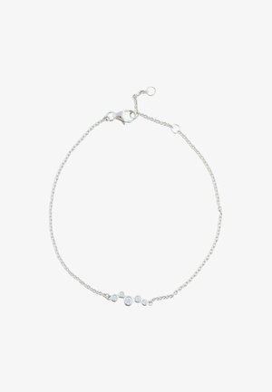 Ezüst lánc karkötő öt kör alakú, különböző méretű, tiszta drágakővel, homárkapoccsal és állítható lánccal rögzítve.