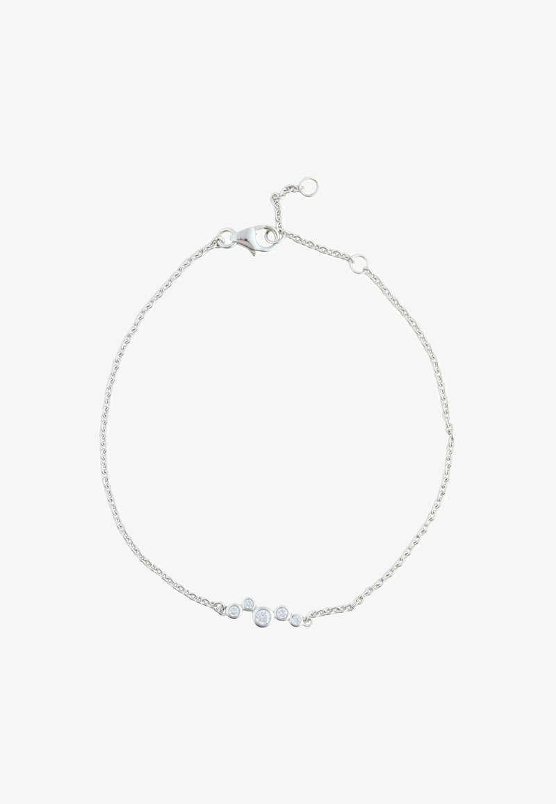 Silberne Kettenarmband mit fünf runden klaren Edelsteinen in verschiedenen Größen, befestigt mit einem Karabinerverschluss und verstellbaren Gliedern.