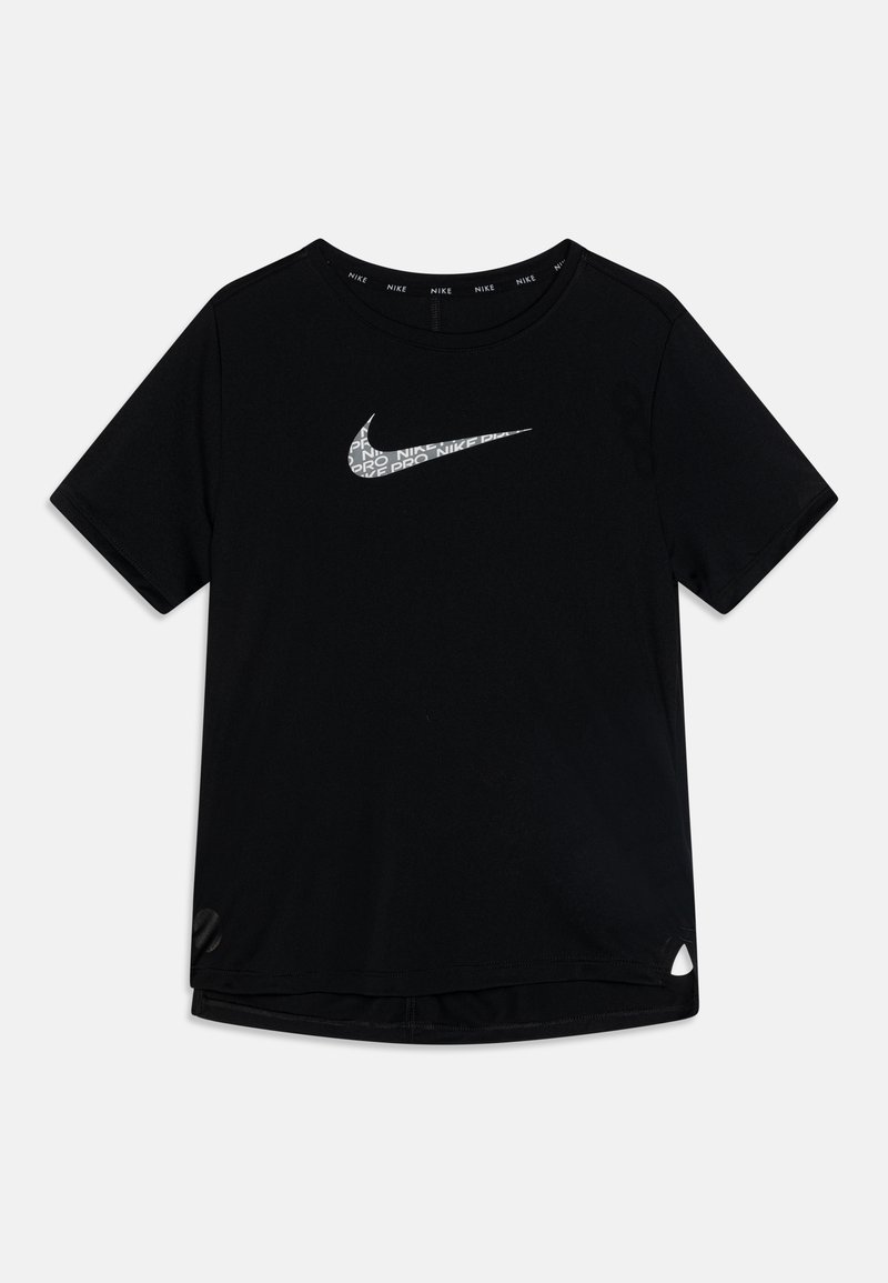 Must musta Nike Pro lühikeste käistega t-särk, millel on rinna peal peegeldav logo, sile kangas, ümar kaelus ja kerge kõverdatud ääre detail.