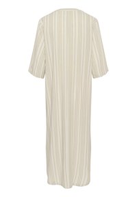 Abito beige chiaro con strisce verticali, maniche corte e scollatura rotonda. Tessuto leggero con una vestibilità rilassata e ampia, di lunghezza media.