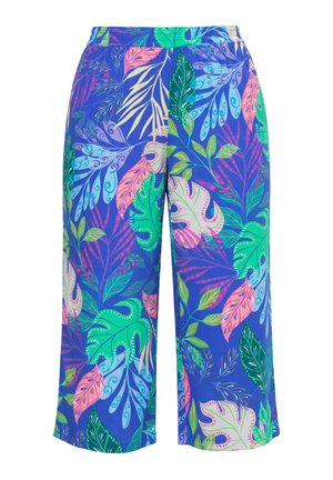 Pantalon à jambes larges avec un motif de feuilles tropicales éclatant en vert, rose, bleu et violet sur fond bleu roi.