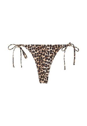 Fondello di bikini con stampa leopardata e lacci laterali su entrambi i fianchi, su sfondo bianco.