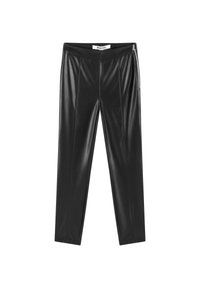 Svarta fusk läderbyxor med en åtsittande design, försedda med en slät yta, sidogjörelse och vertikala sömmar för en skräddarsydd look.