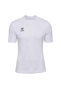 Vit sport-t-shirt i lätt tyg, med korta ärmar och rundad krage. Svart "hummel"-logga på vänster bröst.