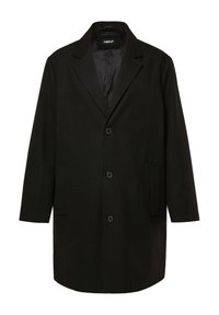 Cappotto in misto lana nero con collo a punta, tre bottoni frontali, due tasche laterali e una fodera interna liscia.