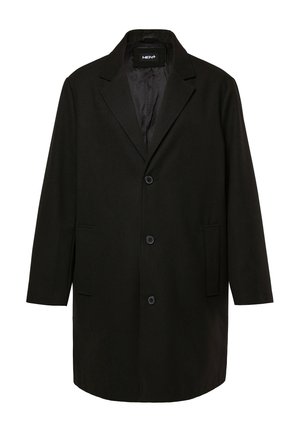 Cappotto in misto lana nero con collo a punta, tre bottoni frontali, due tasche laterali e una fodera interna liscia.