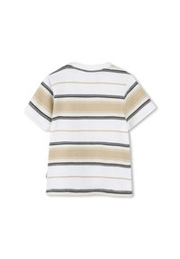 T-shirt a maniche corte con tessuto bianco a strisce orizzontali beige e nere. Design con colletto rotondo, morbido texture di cotone.