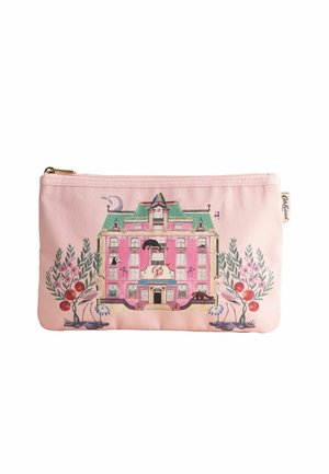 Pink fabric pouch with zipper, featuring a detailed illustration of a pink and green building, birds, branches, and cats.